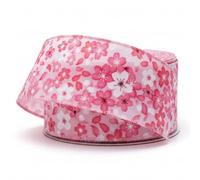 Cherry Blossom Wired Edge Ribbon - 1.5 Inch Wide Decorative Pink Floral Ribbon for Gift Wrapping, Crafts, Décor & Spring DIY - Available in 2m, 5m, 10m Lengths (Pink Floral, 5M)