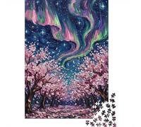 Cherry Blossoms and Aurora Borealis Painting Jigsaw Puzzle, 1000 Piece