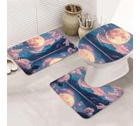 Cherry Blossoms And The Moon Bathroom Rugs Sets 3 Piece, Soft Absorbent Memory Foam Bath Mats And U Shaped Contour Toilet Rug, Home Decoration, Quick Dry