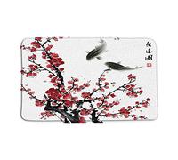 Cherry Blossoms Bath Mat Asian Decor Red Plum Blossom Bloom Trees Branch Koi Tradition Japanese Ink Painting Art Abstract Natural Bathroom Decoration Indoor Carpet Bathtub Carpet 17.7 x 29.5 Inch