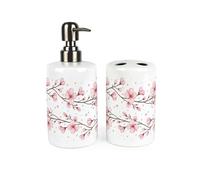 Cherry Blossoms Bathroom Set - Pink Floral Ceramic Soap Pump Bottle Dispenser & Toothbrush Holder Gift
