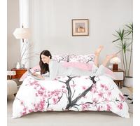 Cherry Blossoms Bedding Set Single Size,Pink Sakura Flowers Floral Duvet Cover with 1 Pillow Sham Comforter Cover(No Filler) for Kids,Trees Plant Duvet Cover Set Decorative 2 Pcs