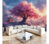 Cherry Blossoms Big Trees Mural Wallpaper 3D Effect Dream Architecture Non-Woven Self-Adhesive Wallpaper Removable Large Photo Sticker TV Background Wall Decor for Living Room Bedroom 430x300 cm