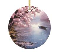 Cherry blossoms by the lake patterned Christmas decorations - round ceramic ornaments, Christmas tree decorations and holiday party supplies