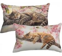 Cherry Blossoms Cushion Covers 50 x 80 Small Cushion Cat Decorative Pillows Set of 2 Linen Breathable Durable & Fade-Resistant Throw Pillow Covers with Zipper for Sofa Living Room Bedroom Decor X-303