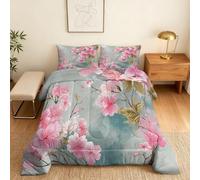 Cherry blossoms Double Duvet 10.5 Tog Light Blue Microfibre Coverless Duvet Suitable for All Seasons Comfortable Reversible Washable Double Quilt with 2 Pillowcase YUf1648