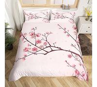 Cherry Blossoms Duvet Cover Set Sakura Flowers Branch Comforter Cover Pale Pink Bedding Set For Girly Girls Teens Kids Child,Japanese Spring Quilt Cover King Size 1 Duvet Cover With 2 Pillow Case