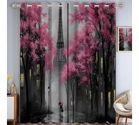Cherry Blossoms Eiffel Tower Blackout Curtains for Bedroom, Thermal Insulated Paris Streets Window Drapes for Living Room, Pink Window Curtain 2 Panels for Home Decor, W 36" x L 72"In
