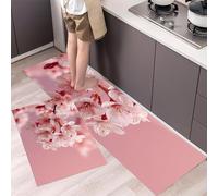 Cherry Blossoms Falling Kitchen Rug Set 2 Pieces, Non-Slip and Washable Kitchen Runner Mat Plants And Flowers Standing Mats for Hallway, Dining Room and Entryway - 43x75cm+43x120cm, Pink