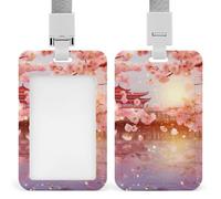 Cherry Blossoms Id Badge Holder with Lanyard, Clear Vertical Card Protector Waterproof, Breakaway Safety Neck Strap, Heavy Duty Name Tag Holder for Nurse Teacher Officer Staff Women Men