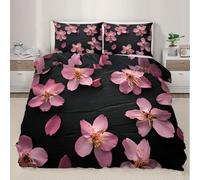 Cherry Blossoms Japanese Style Duvet Cover Set King Size Black Wooden Board Quilt Cover 230x220 cm 3D Reversible Bedding with Pillowcases Zipper Closure Soft Easy Care Comforter Covers Set a.7508