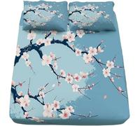 Cherry Blossoms King Size Fitted Sheets, Blue Fitted Bed Sheet King Size Deep Pocket 12 inch (30 cm) - Microfibre Fabric 3D Fitted Sheets - Shrinkage and Fade Resistant Bedding - Bottom Sheet Q1686
