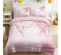 Cherry Blossoms Lake Scenic Pink Duvet Cover Set Single Size 135 x 200 cm, Natural Calm Zen Bedding Set Quilt Cover with 2 Pillowcases, Soft Microfibre, Zip Closure for Girls Bedroom