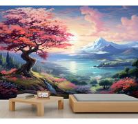 Cherry Blossoms Mural Wallpaper, Volcano Wall Mural, Japanese Scenery Wallpaper for Living Room Bedroom Study TV Background Decor - 200x140cm
