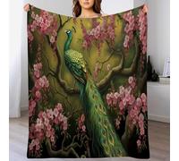 Cherry Blossoms Peacocks Print Blanket and Throws,Animals Oil Painting Throw Blankets Soft Cozy Fleece Plush Warm Green Flannel Bedding Blanket for Adults Couch Travel 130×150cm(51.18×59.06 in)