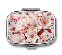 Cherry Blossoms Pill Box - 2 Compartment Travel Pill Organizer with Small Mirror, Portable Pillcase for Pocket & Purse, Cute Square Medicine Case, Weekly Medicine Container