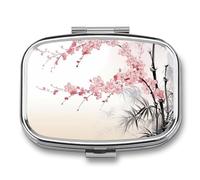 Cherry Blossoms Pill Box 2 Compartments Portable Travel Pill Case Mini Medicine Organizer for Pocket Purse Metal Waterproof Medicine Container Holder Vitamin Fish Oil