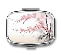 Cherry Blossoms pilldispenser with Mirror 2 Compartments Waterproof PillCase for Purse Pocket Non-Slip Grip Travel Medicine Organizer Container Box for Vitamin Fish Oil Supplement