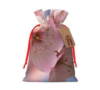 Cherry Blossoms Printed Christmas Drawstring Bags Reusable Bag for Christmas Party Xmas Gift Wrapping, Red Ribbon, M