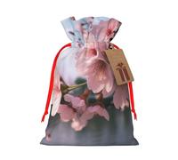 Cherry Blossoms Printed Christmas Drawstring Bags,S | Reusable Xmas Gift Storage Bags, Red Ribbon