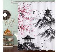 Cherry Blossoms Shower Curtain 100 x 200 cm, Waterproof Fast-Drying Polyester Fabric, Extra Long Shower Curtain with Weighted Bottom & 12 Hooks Washable Bathroom Curtains for Tub, Ink Painting J8-668