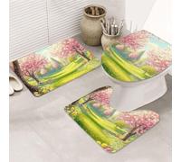 Cherry Blossoms Spring Pink Flowers Bathroom Rugs Sets 3 Piece, Soft Absorbent Memory Foam Bath Mats And U Shaped Contour Toilet Rug, Home Decoration, Quick Dry