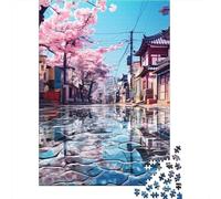 Cherry Blossoms Street 1000 Pc Cardboard DIY Traditional Japanese Architecture Jigsaw 12+, Challenging Family Game, Stress Relief, Vibrant Colours & Leisure Decor 70x50cm/1000pcs