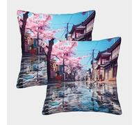 Cherry Blossoms Street-traditional Japanese Architecture Pillow Covers 2 Pack Cozy Pillowcase Art Cushion Case with Invisible Zipper Decor Couch Living Room 40x40cm