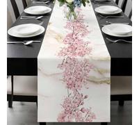 Cherry Blossoms Table Runner 16x72 Inches Long Spring Pink Watercolor Floral Marble Texture Cotton Linen Table Runner Burlap Style for Dinner Table Party Decor Tabletop Decorations