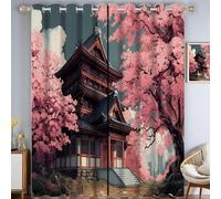 Cherry Blossoms Temple Window Drapes, Architecture Illustration Room Darkening Thermal Insulated Blackout Grommets Curtains, for Living, Dining, Bedroom, W 90.2" x L 90.2", 2 Panels, Pink Red
