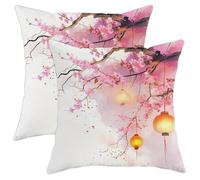 Cherry Blossoms Throw Pillow Covers Set of 2 Aesthetic Classy Chinese Asian Lantern Spring Natural Pink Soft Velvet Washable Home Sofa Living Room Decor Bedroom Dorm Square Pillow case 18x18inch