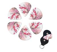 Cherry blossoms Tree Guitar Picks 6 Pack, 0.71mm Thickness Celluloid Bass Pick with Leather Guitar Pick Holder Keychain Abstract Art Pics Plectrum for Acoustic Electric Guitar, Ukulele, Bass