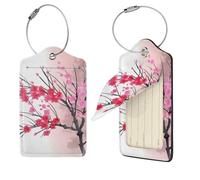 Cherry Blossoms Tree Luggage Tag 4 PCS PU Leather Suitcase Tags Identifiers Travel Tags with Privacy Protection and Stainless Steel Loop Luggage Bag Tag for Women Men