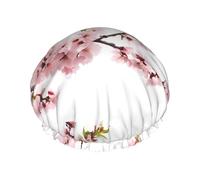 Cherry Blossoms Tree Print Premium Double Layer Shower Cap For Women With Reusable Shower Cap For Hair - Waterproof Plastic Cap - Shower Caps For Long, Short And Curly Hairs