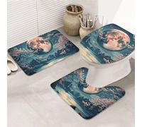 Cherry Blossoms With Moonlight Mountain View Bathroom Rugs Sets 3 Piece, Soft Absorbent Memory Foam Bath Mats And U Shaped Contour Toilet Rug, Home Decoration, Quick Dry