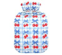 Cherry Blue Bow Plaid Hot Water Bottle with Velvet Cover Hot Water Bag for Pain Relief 1L, Neck Cramps Shoulders Pain Relief, Hot Cold Pack