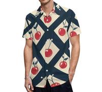 Cherry Blue Checkered Men's Button Down Shirt Casual Short Sleeve Shirts Beach Summer Shirt with Pocket