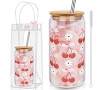 Cherry Bow Glass Cup Tumbler with Clear Gift Bag for Birthday Baby Shower Wedding Bridal Shower She's The Cherry On Top Party Decorations, 16 oz Iced Coffee Smoothie Beer Cups with Lids and Straws
