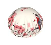 Cherry Branches Flowers Birds Shower Cap for Women Men Large Reusable Shower Bonnet Double-Layer Waterproof Bath Caps Elastic Band Hair Hat for All Hairstyles, Travel-Friendly