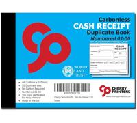Cherry Carbonless (NCR) Cash Receipt Book Duplicate A6 50 Sets Numbered 1-50 Perfect for The Self Employed and Taxis **10 Pack**