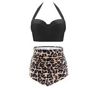Cherry CAT Womens Vintage Retro Polka High Waisted Underwire Bikini Two Piece Swimsuits, Leopard, 5X-Large