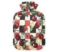 Cherry Checkered Border Water Bottle for hot Water with Soft Cover, 1L Water Bottle Bag for Hand Feet Warmer