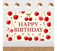 Cherry Coquette Theme Birthday Backdrop Cherries Happy Birthday Photography Background Fruits Watercolor Backdrop for Women Kids Bday Baby Shower Party Supplies