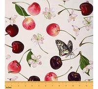 Cherry Fabric by The Yard Cherry Blossom Flower Colorful Butterfly Fabric for Teens Sewing Lovers Nature Outdoor Fruit Floral Rustic Style Fabric for Room Decor and DIY Upholstery 2 Yards
