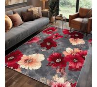 Cherry Floral Rugs Living Room, Square Rugs 120 X 120 cm, Vintage Flower Red Pink Abstract Rug Bedroom Kitchen Washable Non Slip Low Pile, Cherry Floral Home Decor Carpet