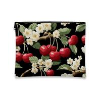 Cherry Flower Makeup Bag, Red Cherry Fruit Vintage Cosmetic Travel Organizer for Women, Portable Canvas Zipper Pouch, Spring Gift Toiletry Skincare Bag Holder, black, 7x9 Inch, Cherry