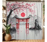 Cherry Flower Shower Curtain, Japanese Red Torii Gate Art for Bathroom Decor, Spring Summer Elegant Asian Style Waterproof Fabric Shower Curtain Set with Hooks 72x72 Inch