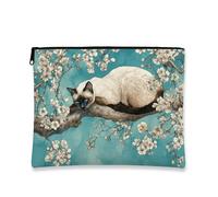 Cherry Flower Zipper Makeup Bag, Vintage Siamese Cat Cosmetic Travel Pouch for Women, Compact Canvas Organizer Case, Spring Festival Gift Toiletry Storage Bag, blue, 7x9 Inch, Cat