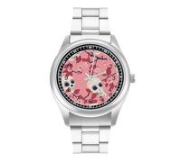 Cherry Flowers Skulls Watch for Men Metal Band Watches Business Gift Three-Hand Wrist Watch for Boyfriend Father