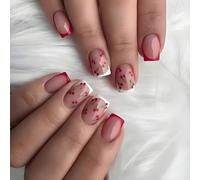 Cherry French Tip Press On Nails Short Square Design - Sweet Glossy Red Cherry Pattern With Green Stems, Lightweight Durable ABS Material, Includes Jelly Adhesive Tabs For Easy 10 Second Application,